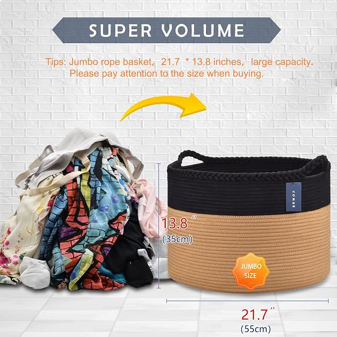 COMSE Extra Large Blanket Basket, Woven Laundry Basket, 21.7”x 13.8”, Nursery Hamper, Cotton Rope Laundry Hamper Living Room for Storage Toys Clothes Towels (Black & Camel)