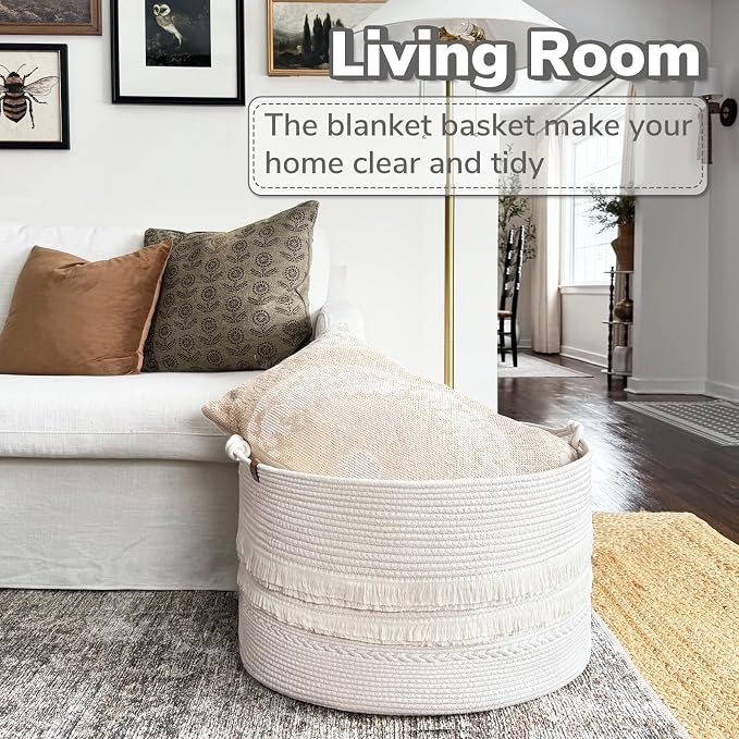 CherryNow 22"x22"x14" Large Blanket Basket, Home Décor for Living Room Bedroom, Boho Decorative Laundry Basket for Clothes, Baby Toy Storage, White