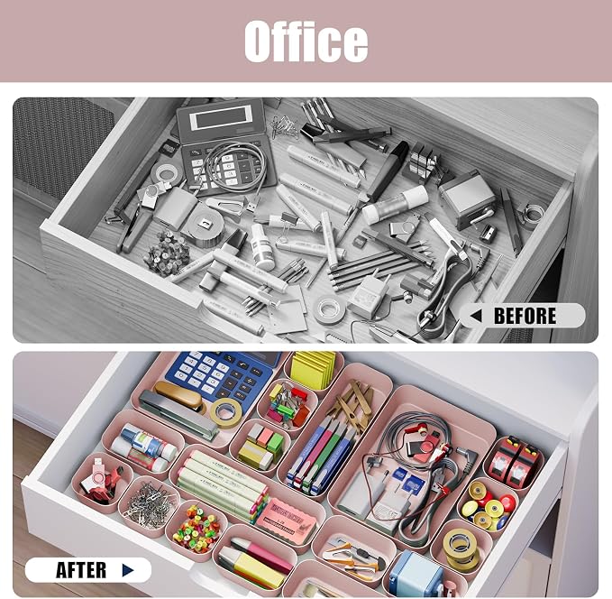 Drawer Organizers Bins 10 PCS for Bathroom Makeup Desk Office | with Non-slip Pads, 3 Sizes, Plastic Tray, Vanity Organizer, Kitchen Utensils Organizer