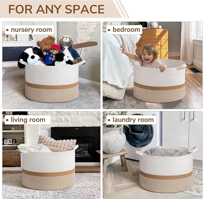 INDRESSME XXXLarge Cotton Rope Basket 21.7" x 21.7" x 13.8" Woven Baby laundry Blanket Basket for Home Decor Living Room Nursery, Toy Storage Baskets for Kids Boys Girls, White & Camel Mix