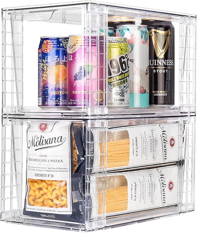 2Pack Large Stackable Kitchen Storage Drawers, Clear Foods Organizer Bins with Handles, Easily Assemble for Bathroom, Kitchen, Pantry, Cabinet, Closet(XL-UP Handle)