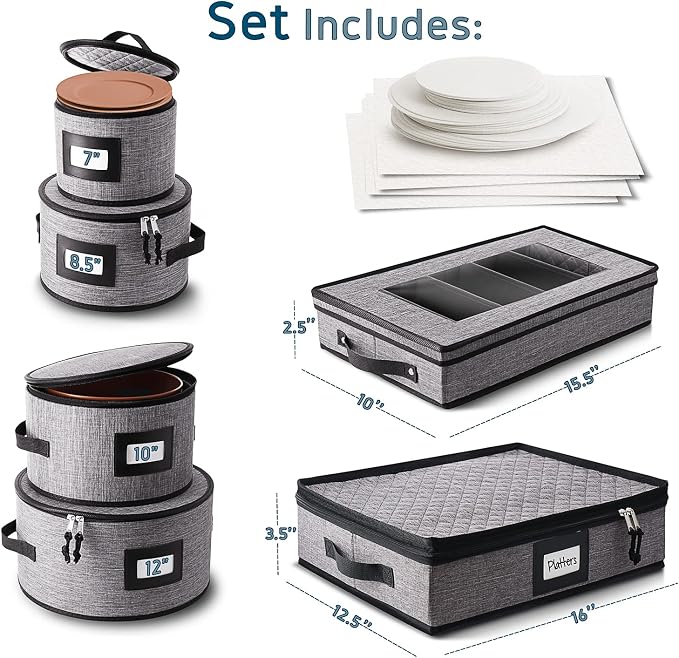 Fine China Hard Shell Dish & Utensil Storage Containers - 6 Piece Stackable Plate Storage with Dividers for Moving & Seasonal Use