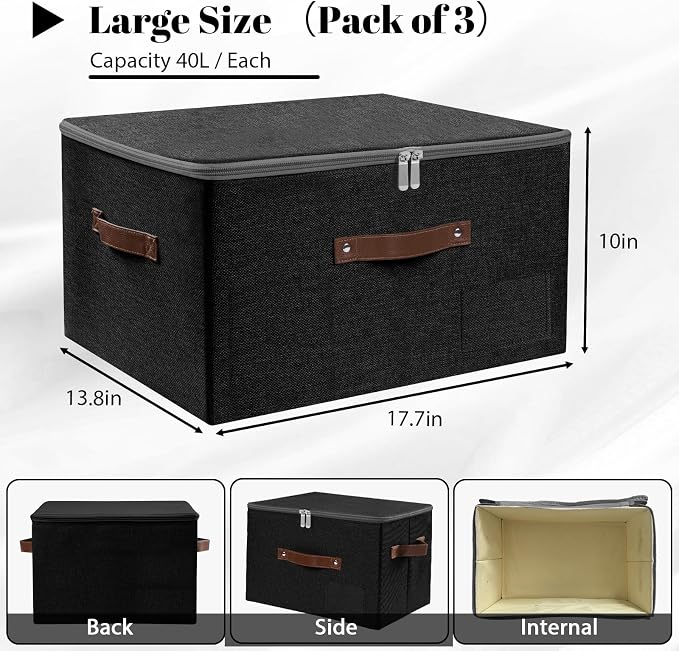 ANMINY 3PCS Storage Bins with Zipper Lid Storage Boxes with Label Holder PU Leather Handles Washable Foldable Decorative Lidded Cotton Linen Fabric Cubes Baskets Closet Organizer - Black, Large