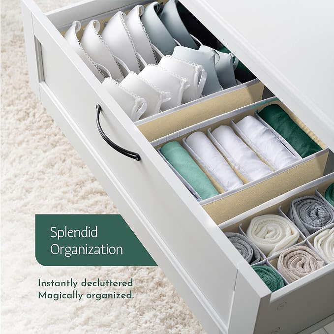 RUBOXA Classic Beige Fabric Drawer Organizer (4 Sizes With 45 Slots) - Foldable Underwear Drawer Organizer - Breathable Bins for Bra, Lingerie, Socks, Scarves, Belt, Tie, Baby Clothes