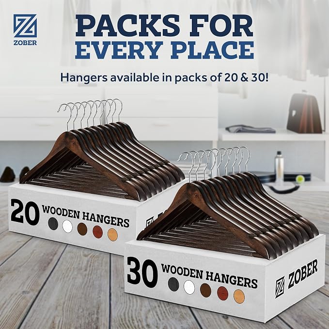 ZOBER Wooden Hangers - Heavy Duty, Non Slip Wood Hangers for Coats, Jackets, Suits, & Pants - Coat Hangers for Closet W/Bar and Notches 20 Pack