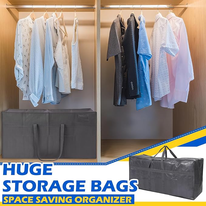 4 Pcs 66 Gallon Extra Large Moving Bags Heavy Duty Storage Bag with Strong Zipper Handle Foldable XXL Jumbo Storage Tote Packing Moving Box for College Dorm Travel Cloth Duffle (Gray)