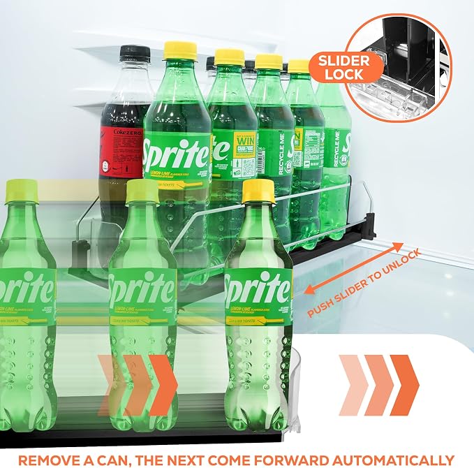 Upgraded Premium Drink Organizer for Fridge. Ultra Space Saving Soda Can Organizer for Refrigerator with Larger Stopper Height and Automatic Pusher with Locking Feature. Holds 10 Cans (2 Rows, Black)