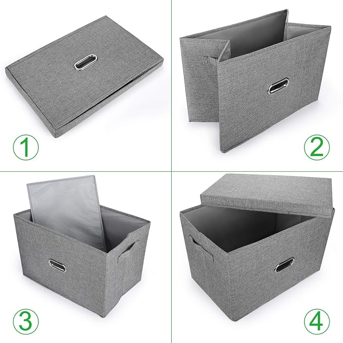 Linen Fabric Collapsible Storage Bins with Removable Lids and Handles, Washable Storage Box Containers Baskets Cube with Cover for Bedroom,Closet,Office,Living Room,Nursery (Grey, Small)
