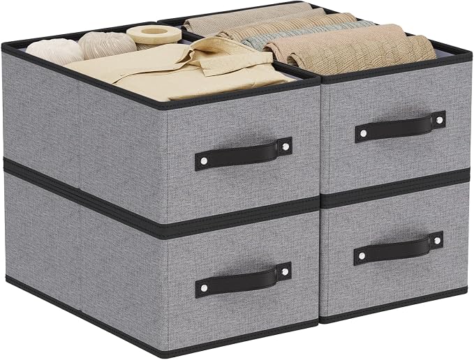 Storage Baskets with Handles,16.1×9.8×6.5In,Gray Boxes,4Pack | Storage Bins for Shelves,Foldable Clothing Drawer Organizer,Closet Containers for Home,Office,Large Fabric Cubes