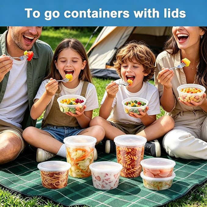 Lamosi 60 Sets Deli Containers with Lids, 8/16/32 oz Quart Containers BPA Free, Airtight Takeout Plastic Food Storage Container, Stackable Leakproof Microwave & Freezer Safe for Soup, Sauce & Leftover