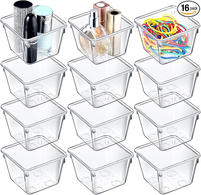 Tioncy 16 Pcs Stackable Clear Drawer Organizer Set 3" x 3" x 2" Small Makeup Vanity Storage Bins Office Desk Drawer Dividers Container Organization for Makeup Vanity Office Bathroom Kitchen Utensil