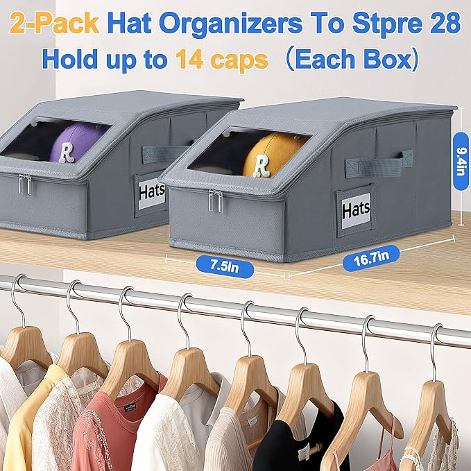 Dofilachy 4 Pack Stackable Hat Storage for Baseball Caps, Holds 56 Caps - Closet Organizer Box with Clear Window & Cardboard，Sturdy Snapback Hat Boxes for Home Storage (grey, 4)
