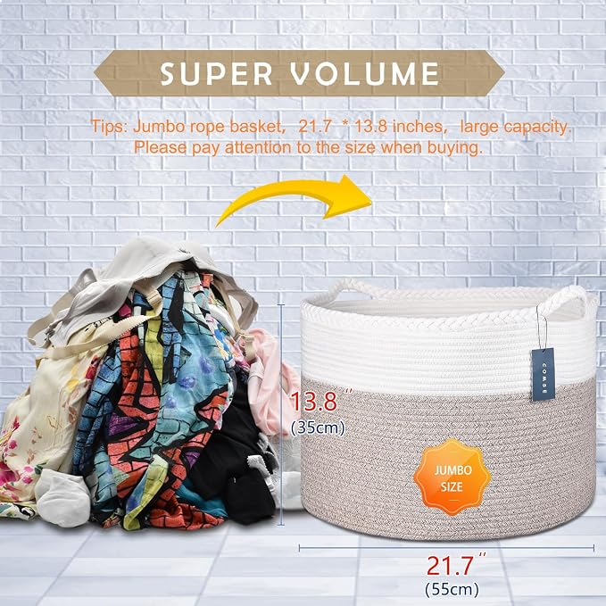 COMSE Extra Large Blanket Basket, Woven Laundry Basket, 21.7”x 13.8”, Nursery Hamper, Cotton Rope Laundry Hamper Living Room for Storage Toys Clothes Towels (White & Light Brown)