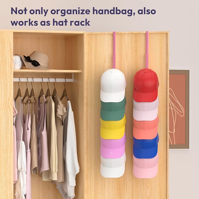 SWTYMIKI Over the Door Purse Organizer - 2 Packs Wall Mounted Purse Rack with 5 Hooks Design, Hanging Handbag Organizer Storage Holds up to 10 Bags, Bag Rack for Closet, Door (Pink)