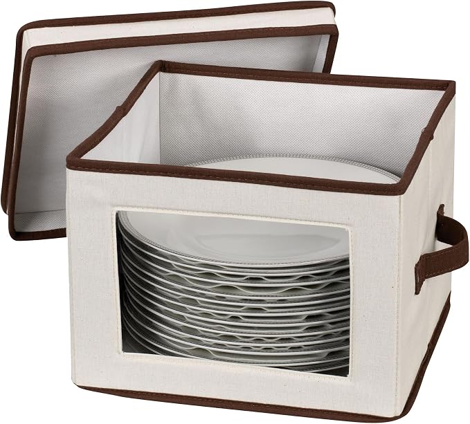 Household Essentials Dinner Plate Storage Box, Strong Frame and Handles, Windowed Panel, Fully Removable Lid, Stackable and Foldable, Perfect for Preserving Your Dinnerware