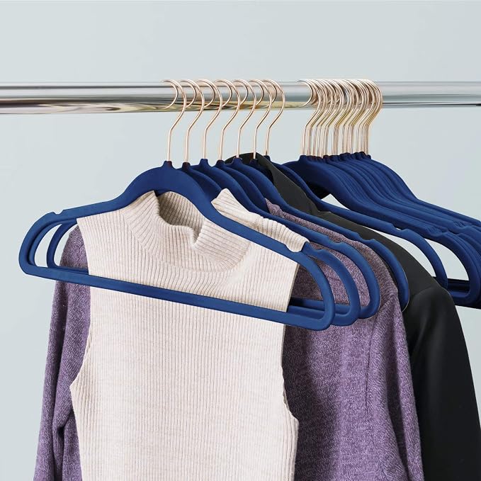 VECELO Premium Velvet Clothes Hangers Suit Heavy Duty (100 Pack)-Non Slip & Space-Saving with 12 Finger Clips & 2Tie Rack Excellent for Men and Women,Blue