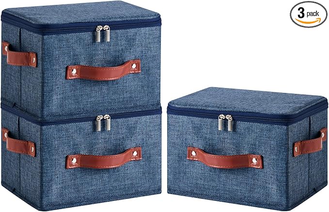 3PCS Storage Bins Boxes with Zippered Lids Cotton Linen Fabric Decorative Basket PU Leather Handles PP Plastic Board Foldable Lidded Shelf Closet Organizer Container (Denim Blue, Small)
