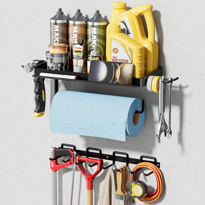 SUNTECH Garage Paper Towel Holder with Tool Hanger Wall Mount, Black | Solid Iron, Rust-resistant Finish, Fits Jumbo Rolls, Includes 15-inch Garage Wall Organizer, for Garage, Shop, Kitchen, RV