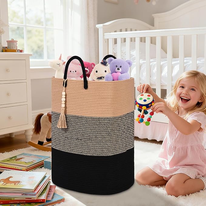Woven Laundry Basket for Clothes, 80 L Large Rectangle Laundry Hampers with Beads Tassel, Nursery Storage Basket for Toys, Tall Dirty Clothes Hamper for Bedroom Aesthetic, Laundry Room Organization