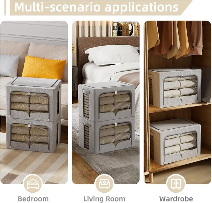 FHSQX 3 Pack Clothes Storage Bins - Foldable Metal Frame Storage Box - Stackable Linen Fabric Container Organizer Set with Carrying Handles and Clear Window (Light Gray, 15.7x11.8x9.8inch(30L))