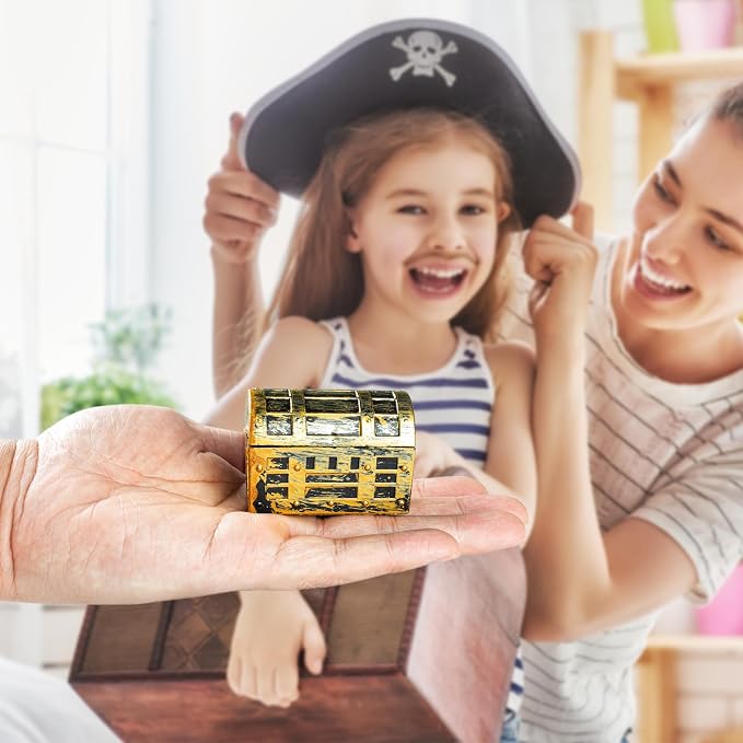 36Pcs Mini pirate treasure chest 2.28 x 1 x 1.57 Inch Plastic toy pirate chest with a Gold finish Vintage pirate small decorative box for Kids prizes Halloween Birthday Party Props