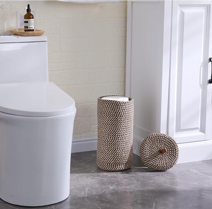 Toilet Paper Holder, Boho Decor Toilet Paper Storage Stand for Bathroom,Cotton Handmade Woven Paper Basket for Mega Roll,3 Rolls of Toilet Tissue Storage (Black)