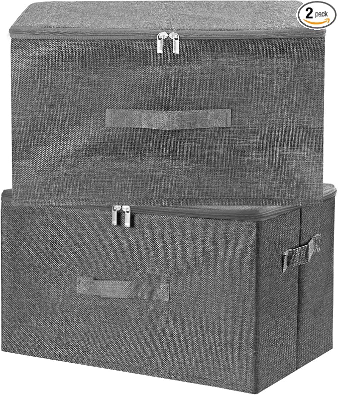 ANMINY 2PCS Storage Bins with Zipper Lids 36 Qt Lidded Fabric Storage Boxes Baskets Cubes with Handles Collapsible Washable Cotton Linen Closet Shelf Clothes Organizer Containers - Gray, Large