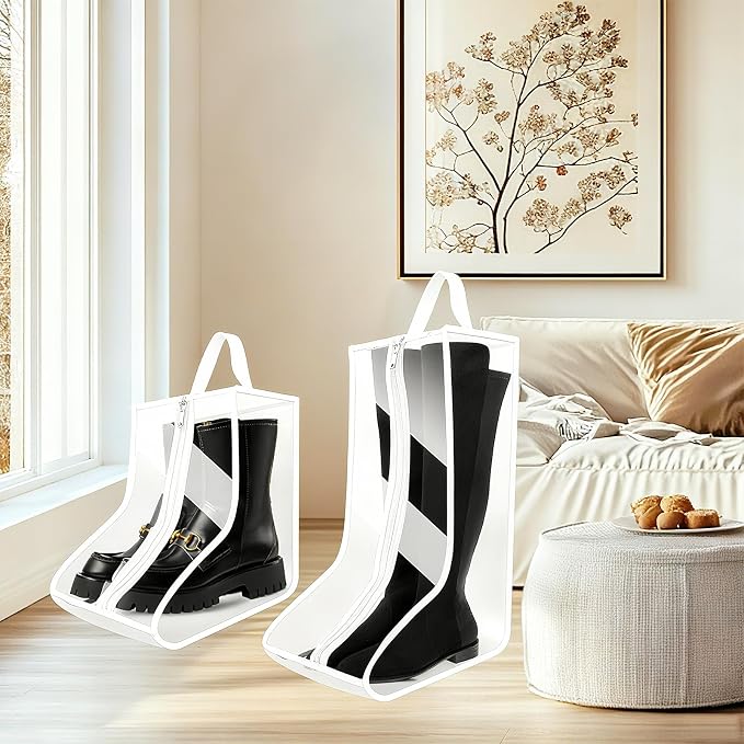 Clear Boot Bags for Cowboy Boots Tall Boot Storage Organizer with Handle Transparent Shoe Dust Covers for Travel Riding Leather & Snow Boots (White-2ig)