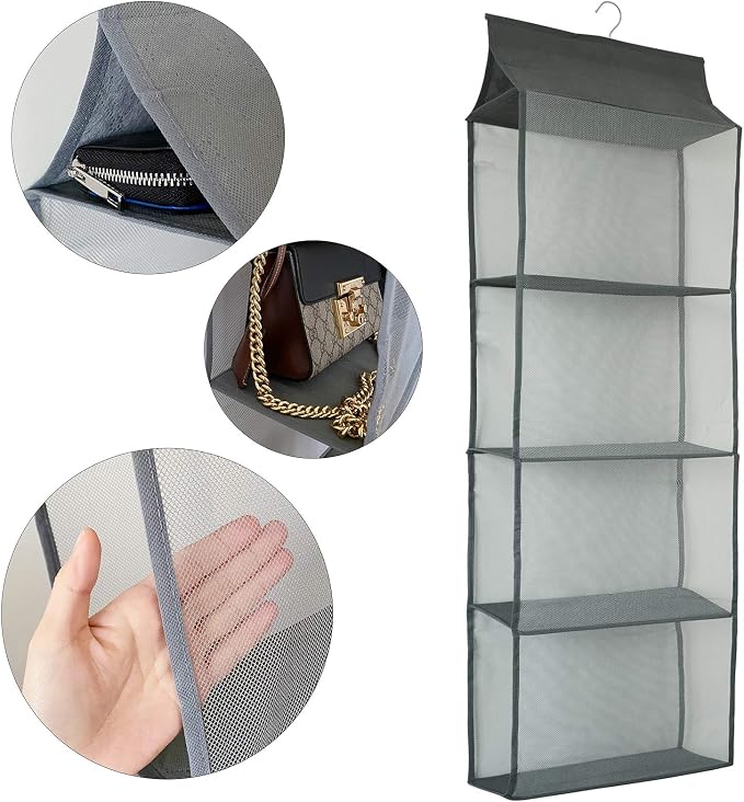Closet Handbag Purse Holder, Space Saving Hanging Handbag Storage Tote Bag Organizer Holder with 4 Large Heavy-Duty Mesh Shelves for Wardrobe Closet(Gray)