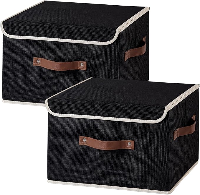 2PCS Collapsible Storage Boxes Baskets with Lid Cotton Linen Fabric Storage Bins with Faux Leather Handles Washable Cube Organizer Container for Home Closet Bedroom (Black, Large Size)
