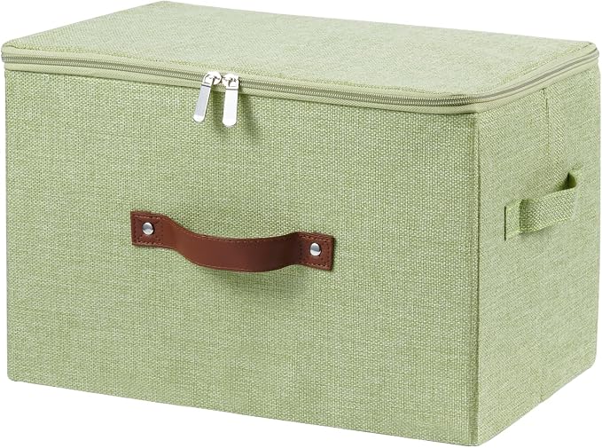Storage Bins with Zipper Lid Cotton Linen Fabric Lidded Storage Baskets Boxes Foldable Washable Closet Shelf Clothes Organizer Container with PU Leather Handles (Green, Large Size)