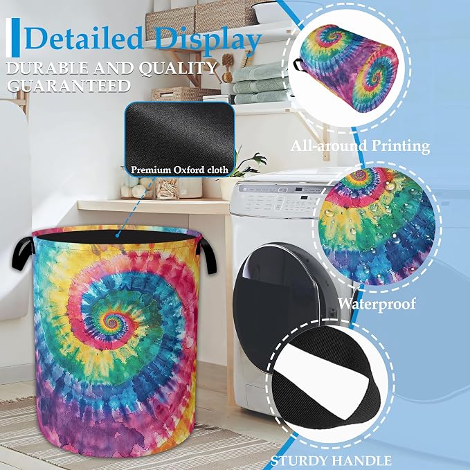 Tie Dye Laundry Basket Collapsible Laundry Hamper Clothes Storage Bin for Bathroom Bedroom Room Decor 16" X 20.8"