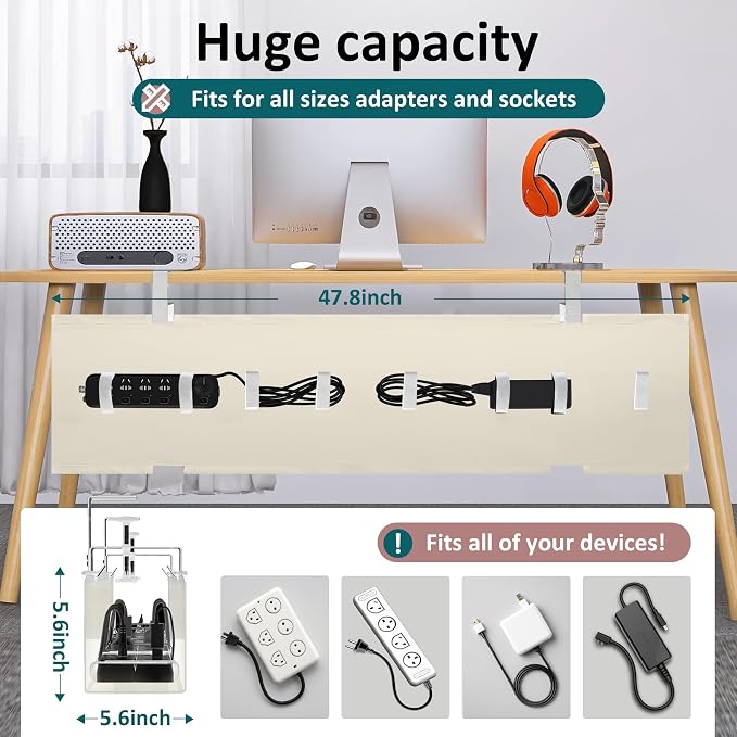 Extra Large 48" Under Desk Cable Management Tray for Standing Desk, No Drill Clamp On Wire Hider, Heavy Duty Anti-Sag Cord Organizer, Cable Tray for Studio & Dual Monitors (Beige, 47.8")