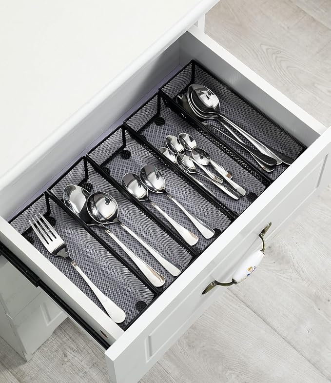 BYCY Silverware Drawer Organizer, Mesh Utensil Organizer for Kitchen Storage, Black Steel Metal Mesh Tray for Flatware Fork Spoon Knife… (9 * 3-5P-Black)
