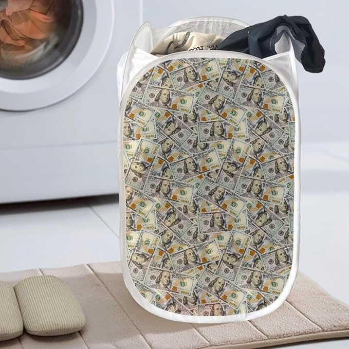 AFPANQZ Strong Mesh Pop-up Laundry Hamper Collapsible Laundry Baskets with Side Pocket, Dollar Print Steel Frame Easy to Open and Fold Flat for Clothes Storage 61L, 13.5x13.5x21 inches