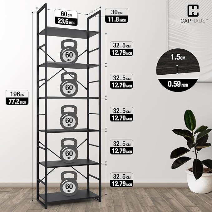 CAPHAUS 6 Tier Bookshelf, 24 Inch Width Free Standing Shelf, Bookcase Shelf Storage Organizer, Industrial Book Shelves for Home Office, Living Room, Kitchen, Black Shelves & Metal Frame
