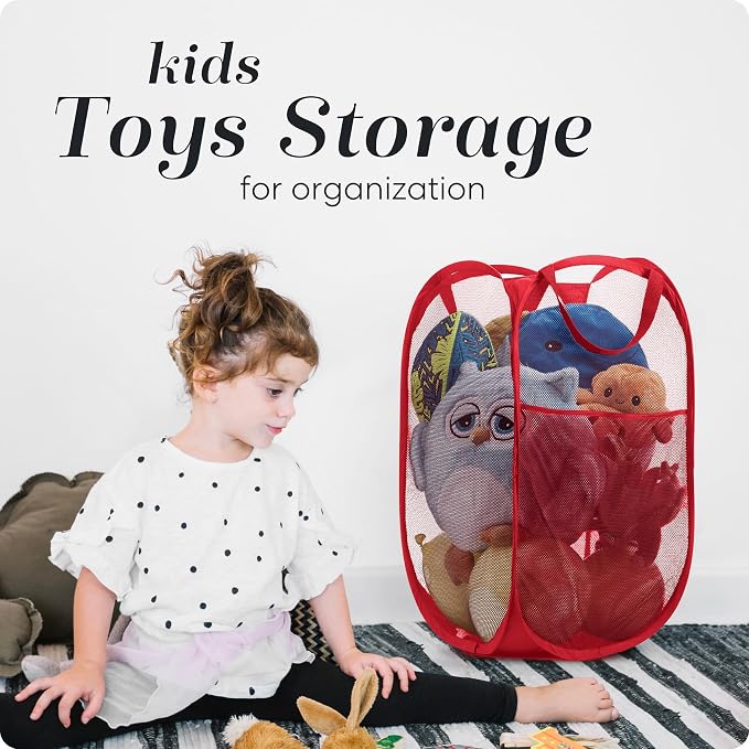 Handy Laundry Collapsible Mesh Pop Up Laundry Hamper with Side Pocket – Breathable, Space-Saving, Durable Basket for Clothes, Toys, Travel & Storage, 14 x 13 x 24 in, Red