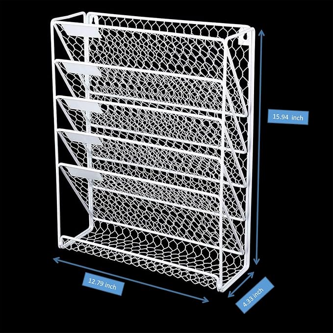 Wall File Holder Hanging Mail Organizer Metal Chicken Wire Wall Mount Magazine Rack for Home and Office (White)