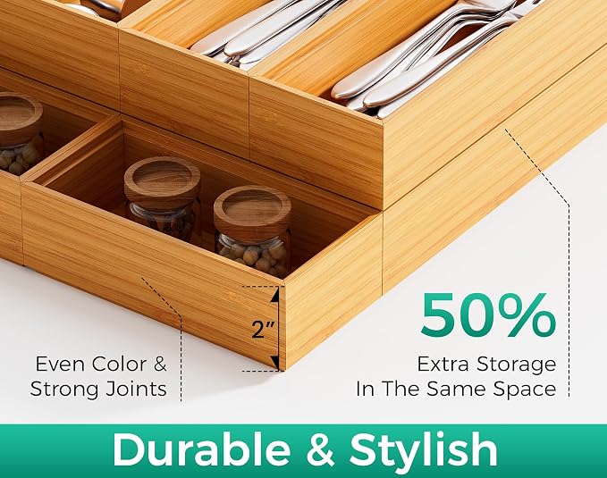 Bamboo Kitchen Drawer Organizer Boxes – 12" x 3" Stackable Wood Silverware Utensil Tray for Drawers Bins, Cutlery & Flatware Storage – Wooden Organizers Set of 2 for Junk Drawer, Bathroom, RV