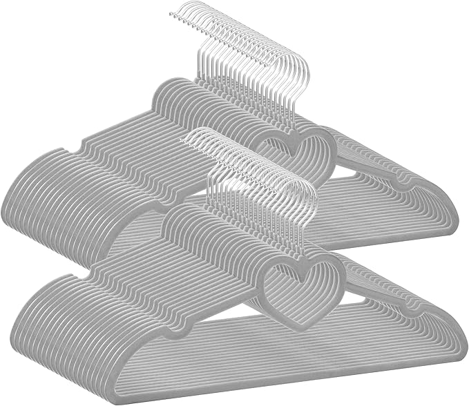 Velvet Hangers 50 Pack,16 Inch Non Slip Adult Heart Hanger (Grey) | 360° Swivel Hooks, Cascade Design, Space Saving