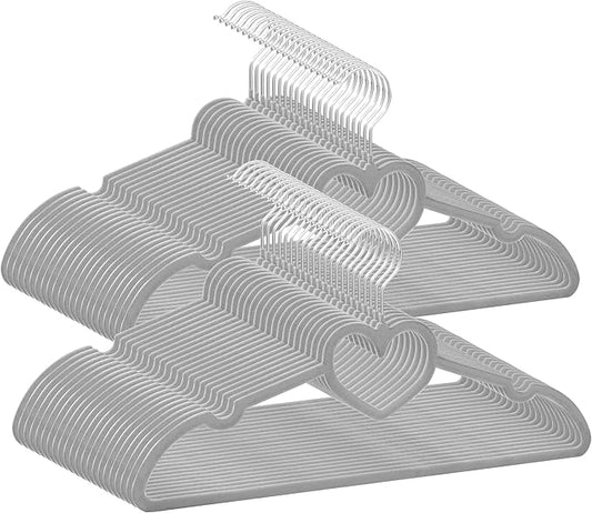 Velvet Hangers 50 Pack,16 Inch Non Slip Adult Heart Hanger (Grey) | 360° Swivel Hooks, Cascade Design, Space Saving