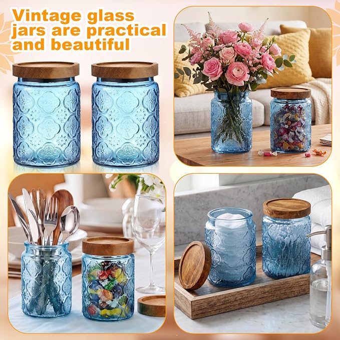 LemonRoad 2 Pcs Vintage Blue Glass Storage Jars 23.7 oz Mason Jar Canister with Wood Lids Food Storage Container for Cookie, Pantry, Candy Kitchen, Coffee, Tea, Flour, Sugar, Decorative Home Decor