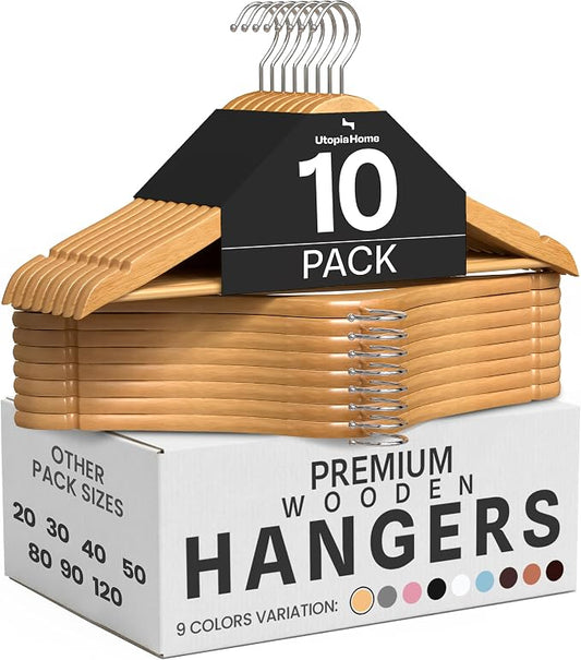 Utopia Home Premium Wooden Hangers 10 Pack - Durable & Slim Coat Hanger - Suit Hangers with 360-Degree Rotatable Hook - Wood Hangers with Shoulder Grooves (Natural)