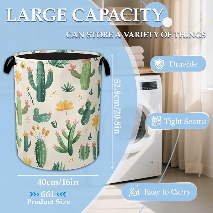 Groovy Cactus Flower Laundry Basket Collapsible Laundry Hamper, Oxford Cloth Storage Bin for Room/Bathroom/Bedroom/Dormitories 16" X 20.8"