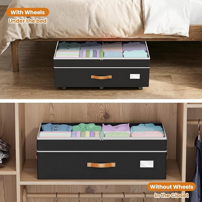 Budding Joy Under Bed Storage with Wheels 2Pack, 80L- Height Adjustable Underbed Containers with Clear Lids, Rolling Under Bed Shoe Storage Organizer for Dorm Home Clothes, Blankets, Toys, Black