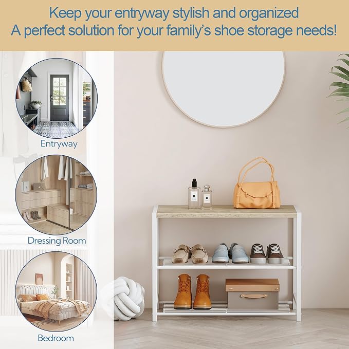 Yusong Shoe Rack Organizer, 3 Tier Industrial Shoe Storage Shelf for Closet Entryway, Narrow Sturdy Metal Shoe Shelves, White