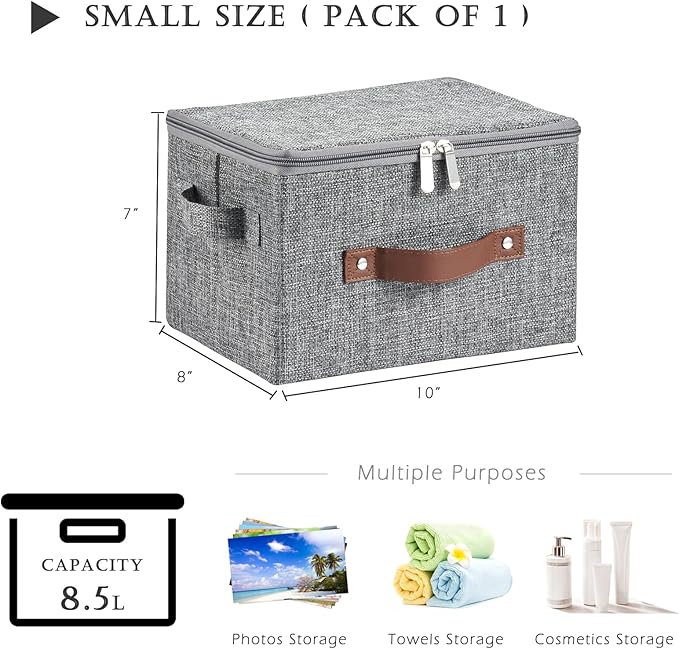 Storage Bins with Zipper Lid Cotton Linen Fabric Lidded Storage Baskets Boxes Foldable Washable Closet Shelf Clothes Organizer Container with PU Leather Handles (Gray, Small Size)