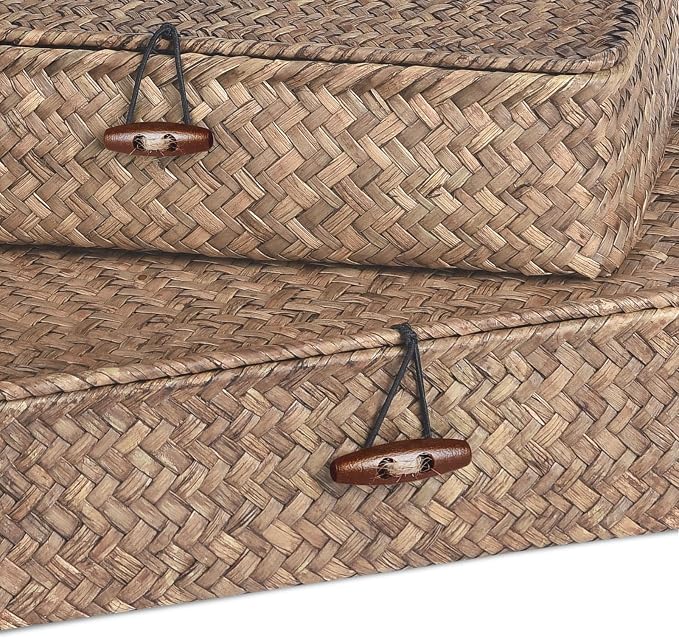 Set of 2 Flat Seagrass Storage Bins with Lid Wicker Storage Baskets for Organizing, Woven Shelf Organizer Bins Home Utility Organizer Box for Home & Office Supplies(Coffee)