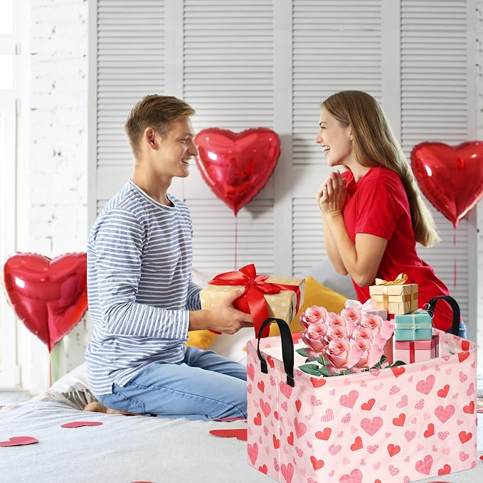 Rectangular Valentines Basket Storage Bin for Shelves Girls Gifts Baskets Foldable Box with Handles for Home Office Car Dormroom Valentine's Day Party Supplies