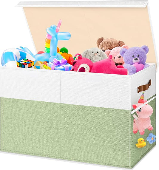 Large Toy Storage Box, Collapsible Sturdy Toys Storage Chest With Mesh, 25x13x16 Kids Toy Storage Organizer, Extra Large Toy Chest Box Bin Basket for Kids, Boys, Girls, Nursery (Green and White)